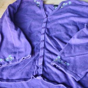 Eddie Bauer lightweight purple sweater, flowers embroidered on sleeves &